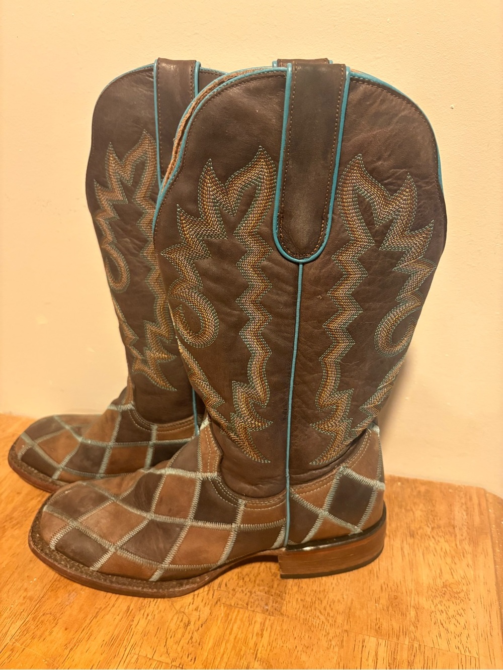 Women's Brown Leather Western Combat Boots with Turquoise Stitching